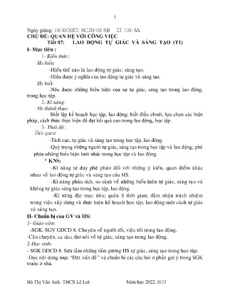 Giáo án GDCD 8 - Chủ đề: Quan hệ với công việc - Tiết 7: Lao động tự giác và sáng tạo (Tiết 1) - Năm học 2022-2023 - Hà Thị Vân Anh