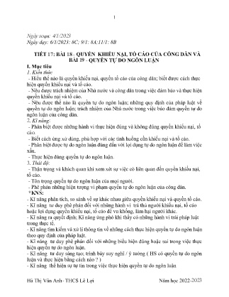 Giáo án GDCD 8 - Tiết 17, Bài 18+19: Quyền khiếu nại, tố cáo cảu công dân và quyền tự do ngôn luận - Năm học 2022-2023 - Hà Thị Vân Anh