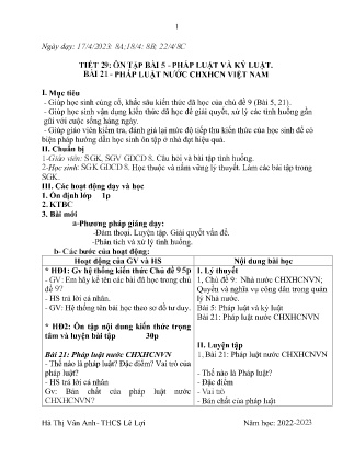 Giáo án GDCD 8 - Tiết 29, Bài 5+21: Pháp luật và kỉ luật. Bài 21: Pháp luật nước Cộng hòa xã hội chủ nghĩa Việt Nam - Năm học 2022-2023 - Hà Thị Vân Anh