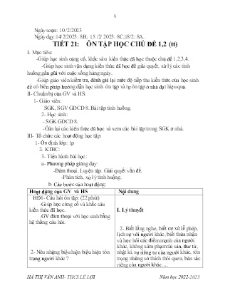 Giáo án GDCD 8 - Tuần 24, Tiết 21: Ôn tập học chủ đề 1+2 (Tiếp theo) - Năm học 2022-2023 - Hà Thị Vân Anh