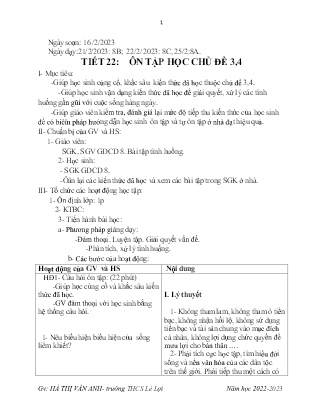 Giáo án GDCD 8 - Tuần 25, Tiết 22: Ôn tập học chủ đề 3+4 - Năm học 2022-2023 - Hà Thị Vân Anh