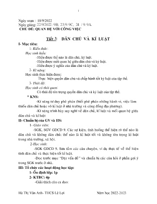 Giáo án GDCD 9 - Chủ đề: Quan hệ với công việc - Tiết 3: Dân chủ và kỉ luật - Năm học 2022-2023 - Hà Thi Vân Anh