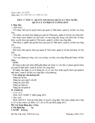 Giáo án GDCD 9 - Tiết 17, Bài 16: Quyền tham gia quản lí nhà nước, quản lí xã hội của công dân - Năm học 2022-2023 - Hà Thị Vân Anh