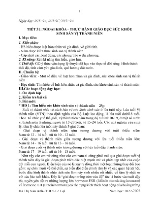 Giáo án GDCD 9 - Tiết 31: Ngoại khóa, thực hành giáo dục sức khỏe sinh sản vị thành niên - Năm học 2022-2023 - Hà Thị Vân Anh