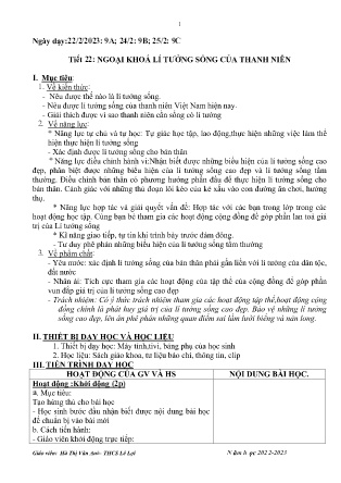 Giáo án GDCD 9 - Tuần 25, Tiết 22: Ngoại khóa lí tưởng sống của thanh niên - Năm học 2022-2023 - Hà Thị Vân Anh