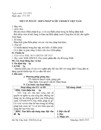 Giáo án GDCD Lớp 8 - Tiết 18, Bài 20: Hiến pháp nước Cộng hòa xã hội chủ nghĩa Việt Nam - Năm học 2022-2023 - Hà Thị Vân Anh