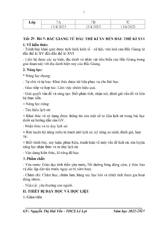 Giáo án Giáo dục địa phương 7 - Tiết 29, Bài 5: Bắc Giang từ đầu thế kỉ XV đến đâu thế kỉ XVI - Năm học 2022-2023 - Nguyễn Thị Hải Yến