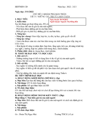 Giáo án Hoạt động trải nghiệm 6 - Chủ đề 2: Khám phá bản thân - Tiết 8: Những giá trị của bản thân - Năm học 2022-2023 - Đoàn Thị Ngọc Mai