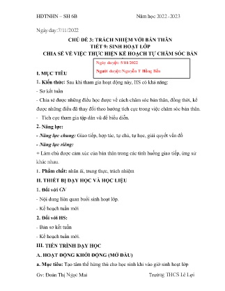 Giáo án Hoạt động trải nghiệm 6 - Tuần 10, Chủ đề 3: Trách nhiệm với bản thân - Năm học 2022-2023 - Đoàn Thị Ngọc Mai