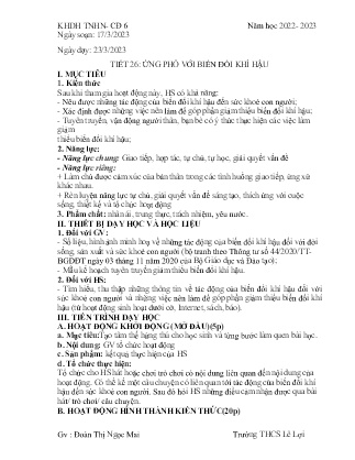 Giáo án Hoạt động trải nghiệm 6 - Tuần 29, Tiết 26: Ứng phó với biến đổi khí hậu - Năm học 2022-2023 - Đoàn Thị Ngọc Mai