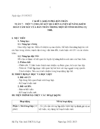 Giáo án Hoạt động trải nghiệm, hướng nghiệp 7 - Tuần 7, Chủ đề 2: Khám phá bản thân - Tiết 7: Chia sẻ kết quả rèn luyện kĩ năng kiểm soát cảm xúc của bản thân trong 1 số tình huống cụ thể - Năm học 2022-2023 - Hà Thị Vân Anh