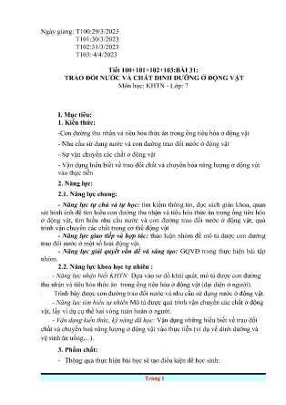 Giáo án Khoa học tự nhiên 7 - Tiết 100-103, Bài 31: Trao đổi nước và chất dinh dưỡng ở động vật - Năm học 2022-2023