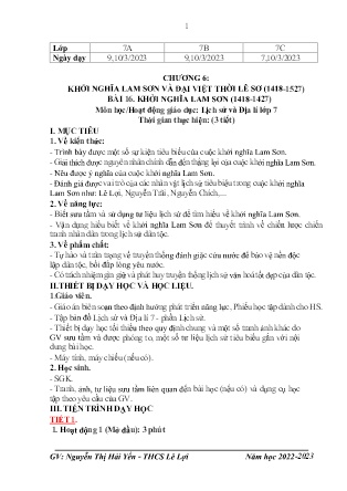 Giáo án Lịch sử 7 - Chương 6: Khởi nghĩa Lam Sơn và Đại Việt thời Lê (1418-1527) - Bài 16: Khởi nghĩa Lam Sơn (1418-1427) - Năm học 2022-2023 - Nguyễn Thị Hải Yến
