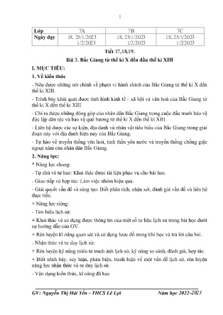 Giáo án Lịch sử 7 - Tiết 17-19, Bài 3: Bắc Giang từ thế kỉ X đến đầu thế kỉ XIII - Năm học 2022-2023 - Nguyễn Thị Hải Yến