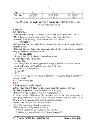 Giáo án Lịch sử 7 - Tiết 23+24, Bài 10: Đại Cồ Việt thời Đinh, Tiền Lê (968-1009) - Năm học 2022-2023 - Nguyễn Thị Hải Yến