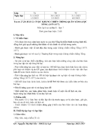 Giáo án Lịch sử 7 - Tiết 27+28, Bài 12: Cuộc kháng chiến chông quân xâm lược Tống (1075-1077) - Năm học 2022-2023 - Nguyễn Thị Hải Yến