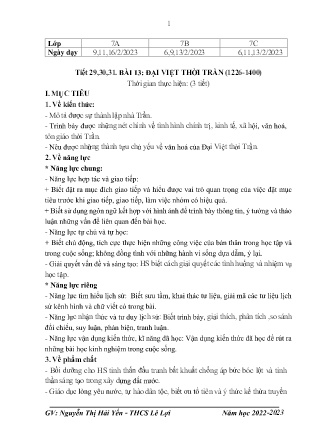 Giáo án Lịch sử 7 - Tiết 29-31, Bài 13: Đại Việt thời Trần (1226-1400) - Năm học 2022-2023 - Nguyễn Thị Hải Yến