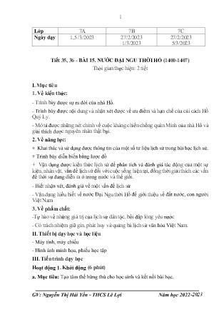 Giáo án Lịch sử 7 - Tiết 35+36, Bài 15: Nước Đại Ngu thời Hồ (1400-1407) - Năm học 2022-2023 - Nguyễn Thị Hải Yến