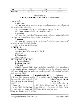 Giáo án Lịch sử 8 - Tiết 16, Bài 21: Chiến tranh thế giới thứ hai (1939-2945) - Năm học 2022-2023 - Nguyễn Thị Hải Yến