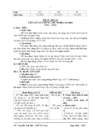 Giáo án Lịch sử 8 - Tiết 25, Bài 16: Liên Xô xây dựng chủ nghĩa xã hội (1921-1941) - Năm học 2022-2023 - Nguyễn Thị Hải Yến