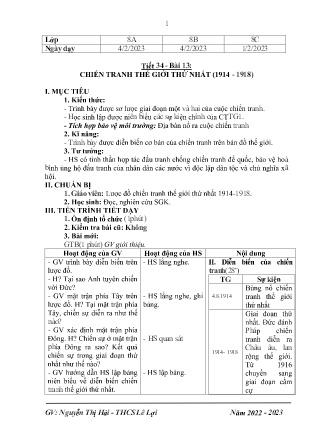 Giáo án Lịch sử 8 - Tiết 34, Bài 13: Chiến tranh thế giới thứ nhất (1914-1918) - Năm học 2022-2023 - Nguyễn Thị Hải Yến