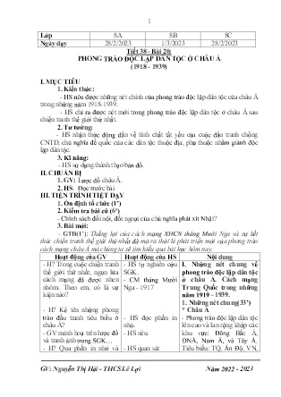 Giáo án Lịch sử 8 - Tiết 38, Bài 20: Phong trào độc lập dân tộc ở Châu Á - Năm học 2022-2023 - Nguyễn Thị Hải Yến