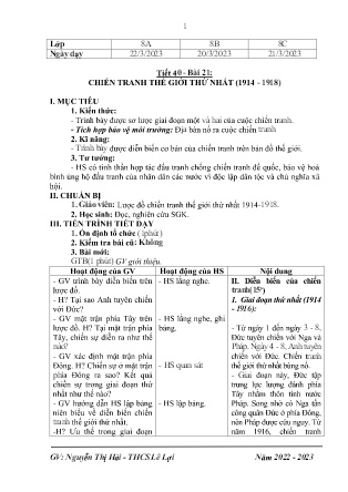 Giáo án Lịch sử 8 - Tiết 40, Bài 21: Chiến tranh thế giới thứ nhất (1914-1918) - Năm học 2022-2023 - Nguyễn Thị Hải Yến
