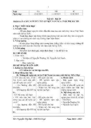 Giáo án Lịch sử 8 - Tiết 43, Bài 28: Trào lưu cải cách duy tân ở Việt Nam nửa cuối thế kỉ XIX - Năm học 2022-2023 - Nguyễn Thị Hải Yến