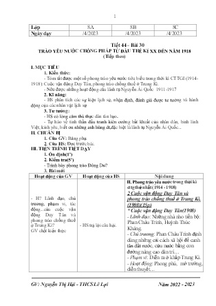 Giáo án Lịch sử 8 - Tiết 44, Bài 30: Trào yêu nước chống Pháp từ đầu thế kỉ XX đến năm 1918 (Tiếp theo) - Năm học 2022-2023 - Nguyễn Thị Hải Yến