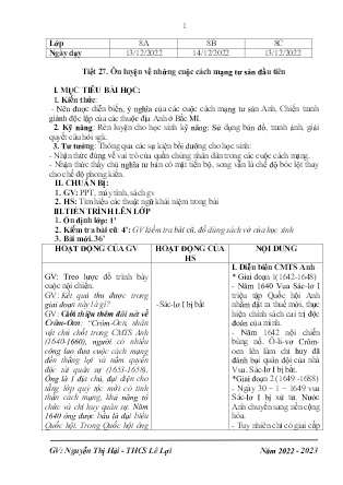 Giáo án Lịch sử 8 - Tuần 15, Tiết 27: Ôn luyện về những cuộc cách mạng tư sản đầu tiên - Năm học 2022-2023 - Nguyễn Thị Hải Yến