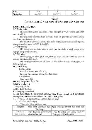 Giáo án Lịch sử 8 - Tuần 31, Tiết 42: Ôn tập lịch sử Việt Nam từ năm 1858 đến năm 1918 - Năm học 2022-2023 - Nguyễn Thị Hải Yến