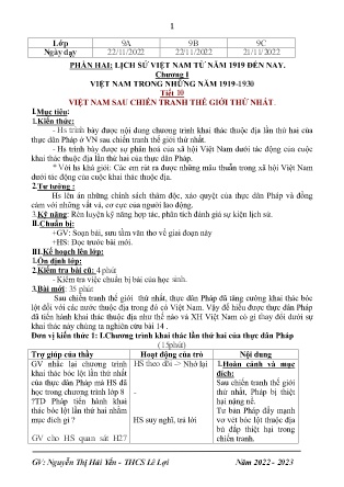 Giáo án Lịch sử 9 - Chương I: Việt Nam trong những năm 1919-1930 - Tiết 10: Việt Nam sau chiến tranh thế giới thứ nhất - Năm học 2022-2023 - Nguyễn Thị Hải Yến