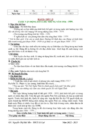 Giáo án Lịch sử 9 - Tiết 15, Bài 20: Cuộc vận động dân chủ những năm 1936-1939 - Năm học 2022-2023 - Nguyễn Thị Hải Yến