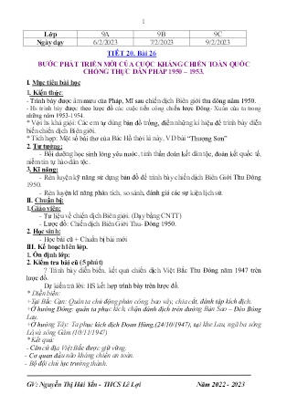 Giáo án Lịch sử 9 - Tiết 20, Bài 26: Bước phát triển mới của cuộc kháng chiến toàn quốc chống thực dân Pháp (1950-1953) - Năm học 2022-2023 - Nguyễn Thị Hải Yến