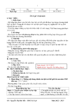 Giáo án Lịch sử 9 - Tuần 16: Ôn tập cuối học kì I - Năm học 2022-2023 - Nguyễn Thị Hải Yến