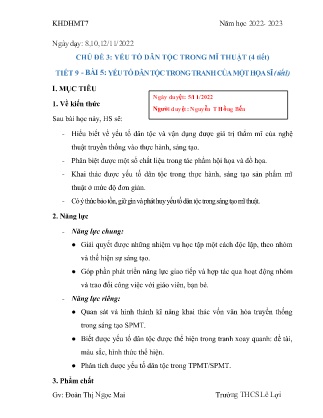 Giáo án Mĩ thuật 7 - Chủ đề 3: Yếu tố dân tộc trong mĩ thuật - Năm học 2022-2023 - Đoàn Thị Ngọc Mai