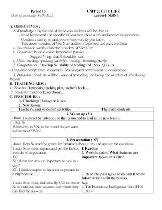 Giáo án Tiếng Anh 7 - Period 13-15, Unit 2: City life - Năm học 2022-2023 - Nguyễn Thị Hồng Hạnh