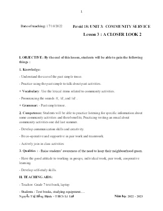 Giáo án Tiếng Anh 7 - Period 18-20, Unit 3: Community service - Năm học 2022-2023 - Nguyễn Thị Hồng Hạnh