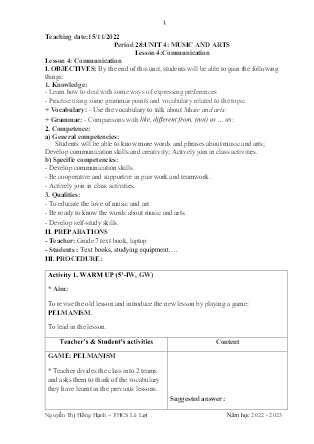 Giáo án Tiếng Anh 7 - Period 28-30, Unit 4: Music and arts - Năm học 2022-2023 - Nguyễn Thị Hồng Hạnh
