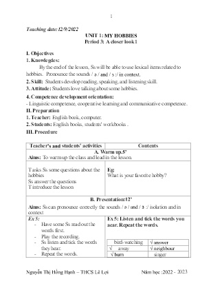 Giáo án Tiếng Anh 7 - Period 3-5, Unit 1: Local environment - Năm học 2022-2023 - Nguyễn Thị Hồng Hạnh