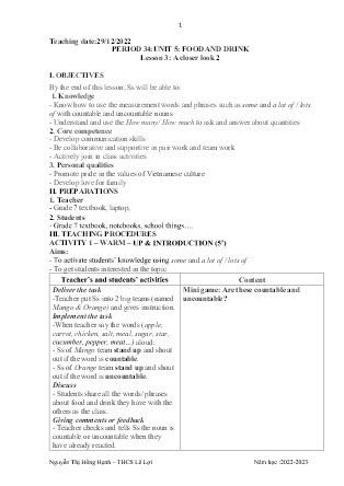 Giáo án Tiếng Anh 7 - Period 34-36, Unit 5: Food and drink - Năm học 2022-2023 - Nguyễn Thị Hồng Hạnh
