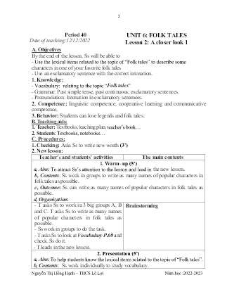 Giáo án Tiếng Anh 7 - Period 40-42, Unit 6: Folk tales - Năm học 2022-2023 - Nguyễn Thị Hồng Hạnh