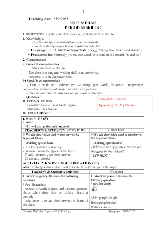 Giáo án Tiếng Anh 7 - Period 60+61, Unit 8: Films - Năm học 2022-2023 - Nguyễn Thị Hồng Hạnh