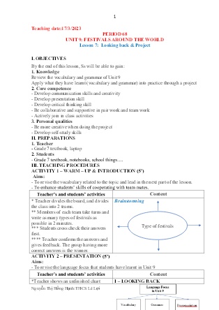 Giáo án Tiếng Anh 7 - Period 68, Unit 9: Festivals around the world (Lesson 7) - Năm học 2022-2023 - Nguyễn Thị Hồng Hạnh