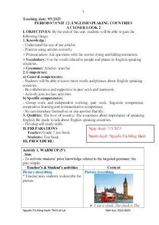 Giáo án Tiếng Anh 7 - Period 87-89, Unit 12: English speaking countries - Năm học 2022-2023 - Nguyễn Thị Hồng Hạnh