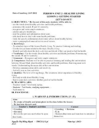 Giáo án Tiếng Anh 7 - Period 9-11, Unit 2: Healthy living - Năm học 2022-2023 - Nguyễn Thị Hồng Hạnh