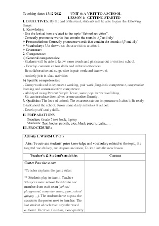 Giáo án Tiếng Anh 7 - Tuần 15, Unit 6: A visit to a school - Năm học 2022-2023 - Nguyễn Thị Hồng Hạnh