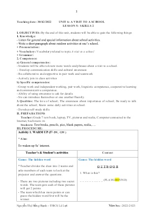 Giáo án Tiếng Anh 7 - Tuần 17, Unit 6: A visit to a school - Năm học 2022-2023 - Nguyễn Thị Hồng Hạnh