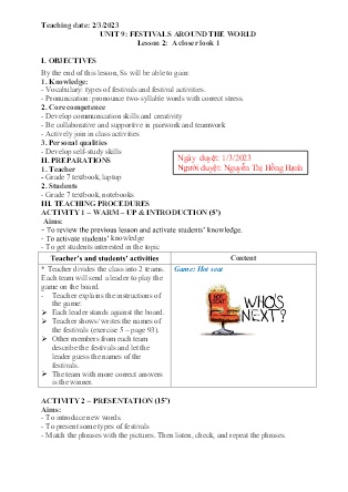 Giáo án Tiếng Anh 7 - Tuần 26, Unit 9: Fesstivals around the world - Năm học 2022-2023 - Nguyễn Thị Hồng Hạnh