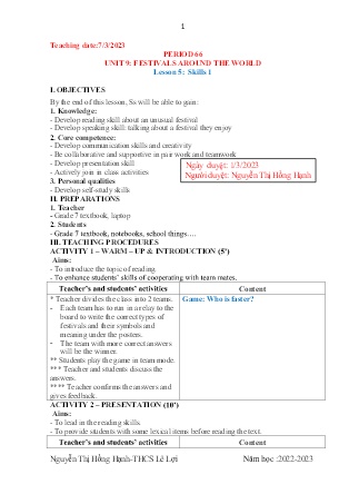 Giáo án Tiếng Anh 7 - Tuần 27 - Năm học 2022-2023 - Nguyễn Thị Hồng Hạnh